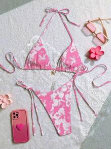 Swim Mod 2025 年春假女士夏季海滩花卉印花吊带性感比基尼套装，可爱泳衣 - 粉色 - 查看 2