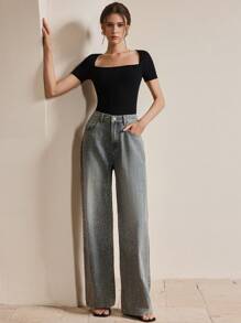 Anewsta Women's Oversized Casual Diamond-Studded Straight Leg Jeans - Blue - View 5