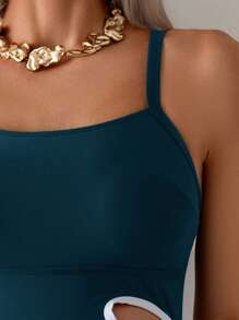 SHEIN Maternity 1pc Floral Cutout One-Piece Swimsuit, One-Piece Bathing Suit For Summer Beach Vacation - Teal Blue - View 3