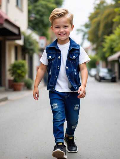 SHEIN 3 件套：小男孩无袖 T 恤、牛仔夹克和长裤