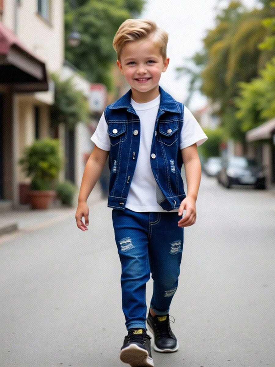 SHEIN 3 件套：小男孩无袖 T 恤、牛仔夹克和长裤 - 寶藍色 - 查看 1