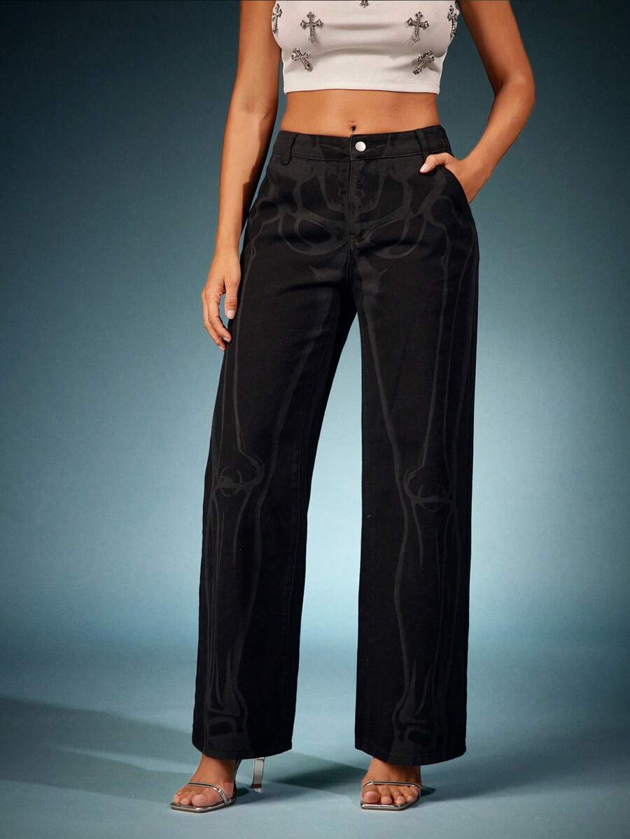 Denimoi 时尚骷髅幻觉印花直筒牛仔裤