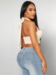 SHEIN SXY Spring And Summer Solid Apricot Sexy Casual Jealous Hollow Halter Vest Metal Decoration Cropped Top Music Festival/Date/Gathering/Party/Birthday/Island Vacation/Holiday Travel Clothing - Apricot - View 2