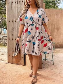 EMERY ROSE Plus Size Women's V-Neck Button Front Floral Patterned Dress