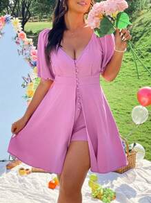 SHEIN Clasi Damen Große Größen Lavendel Kurzarm V-Ausschnitt mit Imitation Rockspalte Knopfleiste Eleganter Frühlings- und Sommer-Jumpsuit - Mauve - Übersicht 5