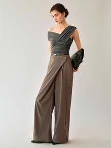 Gloray Women Solid Color Pleated Asymmetrical Knit Sweater - Dark Grey - View 5
