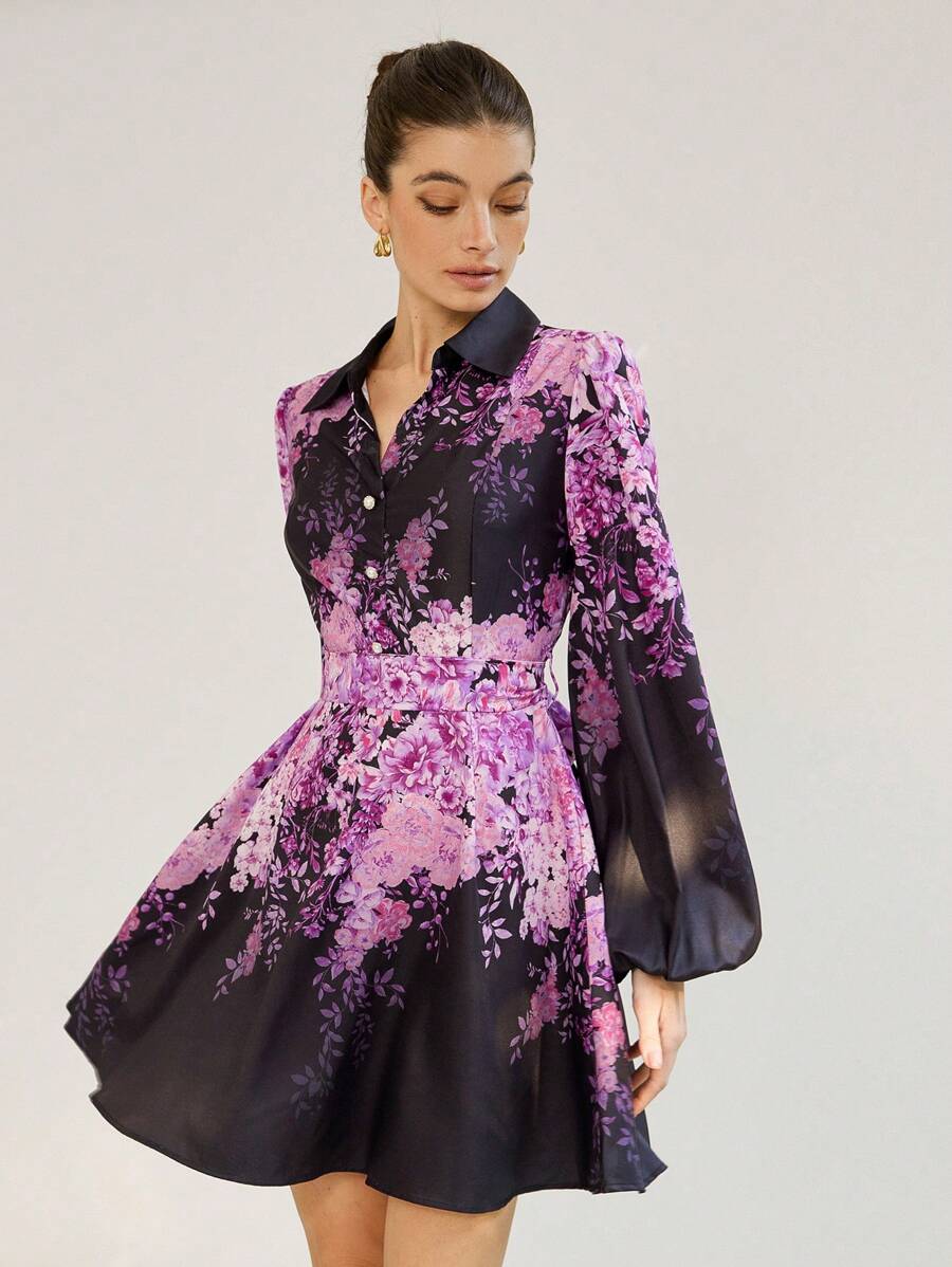 Aveloria Modichic Đầm ngắn cổ đứng in hoa màu hồng thanh lịch màu đen tay đèn lồng cạp chun trang phục đi nghỉ cho nữ - Nhiều màu - Xem 1