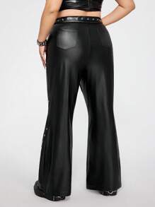 SHEIN ICON Pantalones acampanados de piel de poliuretano negra talla grande con estilo Y2k, pantalones acampanados con decoración de ojo de cerradura en la cintura plisada, estilo punk