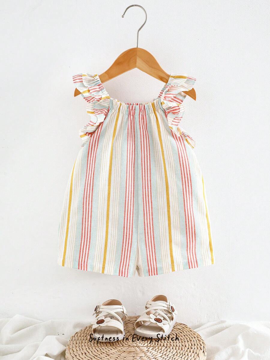 Cozy Pixies 女宝宝彩色条纹圆领无袖连身短裤休闲百搭