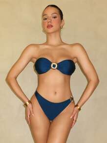 Swim Chiccia Springbreak 女士沙滩装夏季套装，纯色露肩泳装性感比基尼套装泳衣，节日波西米亚风 - 水鴨藍 - 查看 1