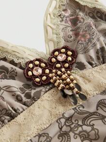 ROMWE Hippie 女式复古嬉皮风格荷叶边缎带蕾丝佩斯利印花迷你连衣裙