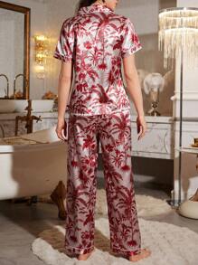 LuxeNights Faux Silk Floral Print Lapel Short Sleeve Top & Pants Pajama Set Bridal Lingerie - Red - View 2