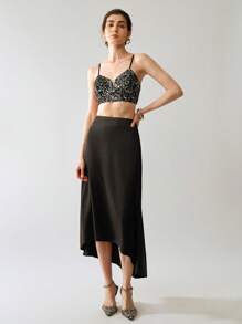 SHEIN LUNE 时尚女式高低侧拉链修身优雅半身裙 - 黑色 - 查看 8