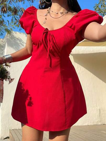 Sunnyshic Vestido de verano/primavera de talla grande con cuello redondo, volantes, lazo, diseño romántico, vacaciones, dulce, ajustado, silueta evasé, mangas farol y largo mini