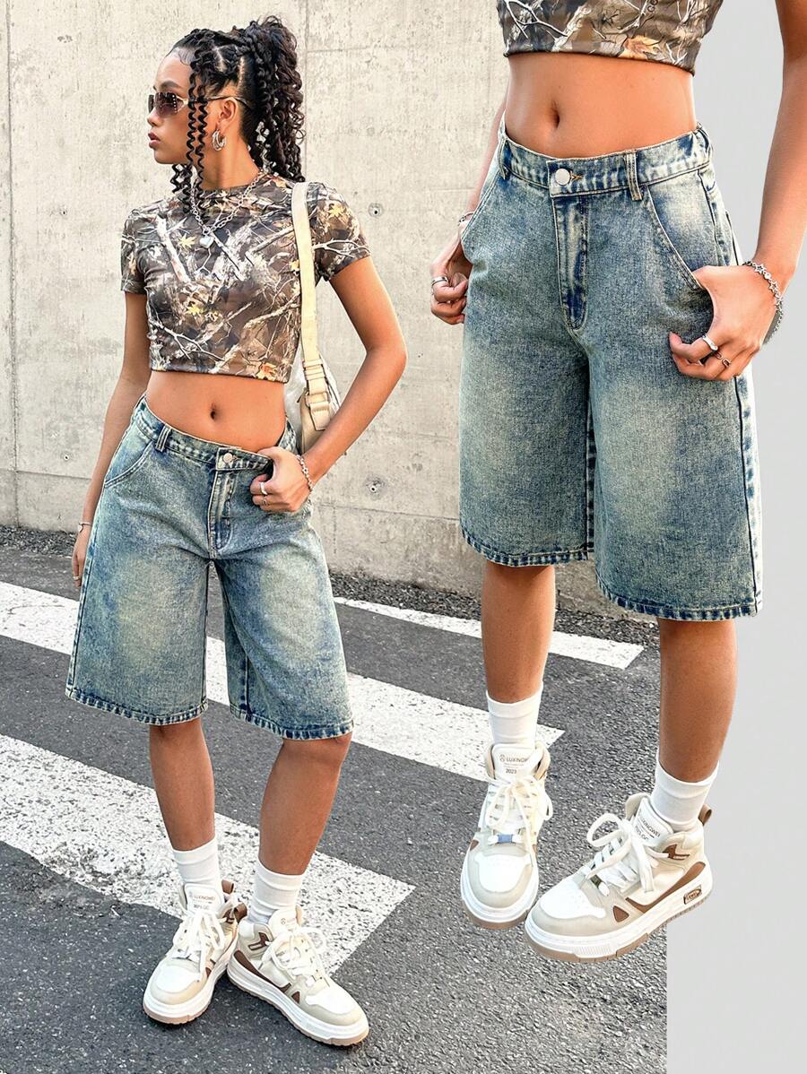 SHEIN Nastolatki Y2K Wiosna Lato Vintage Stonewashed Niski Stan Szerokie Nogawki Bermudy Długość Do Kolan Luźne Boyfriend Baggy Jeans Długie Szorty Z Kieszeniami, Szkoła, Outdoor, Streetwear, Western Jeans Noszą Stroje Festiwalowe