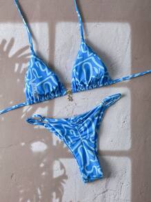 Swim Vcay Women's Summer Random Floral Print Metal Decor Halter Neck Sexy Bikini Set - Multicolor - View 3