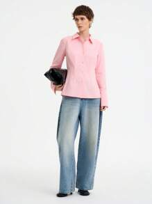 Aalyst Women's Long Sleeve Plain Cotton Shirt With Lapel & Ruffle Design, Slim Waist, Autumn/Winter