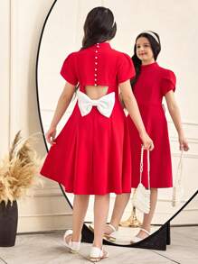 SHEIN Tween Girls' Elegant Backless Big Bow Buttoned Hollow Out A-Line Dress - Red - View 3