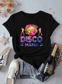 INAWLY 女士迪斯科图案印花短袖圆领休闲健身 T 恤运动上衣，适合音乐节 - 黑色 - 查看 1