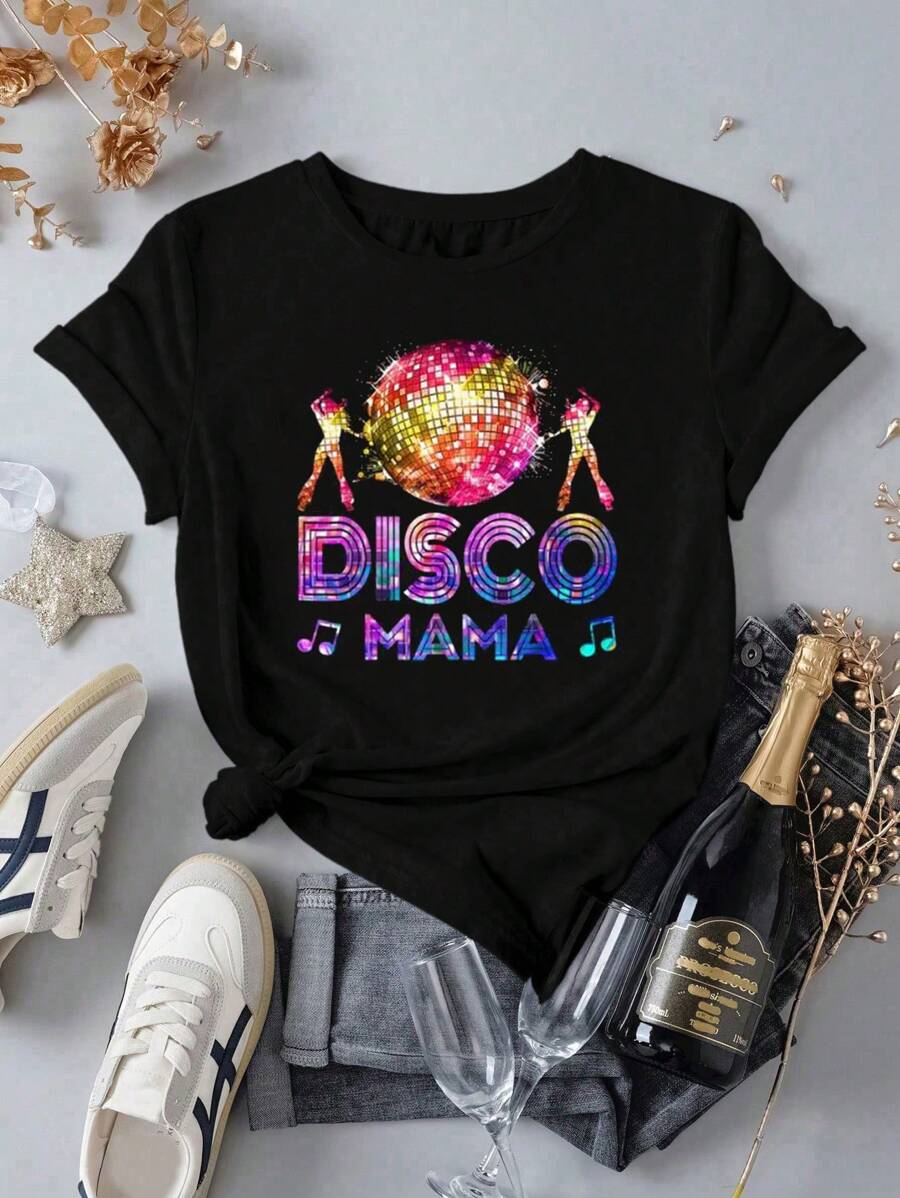 INAWLY 女士迪斯科图案印花短袖圆领休闲健身 T 恤运动上衣，适合音乐节 - 黑色 - 查看 1