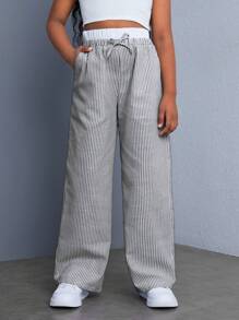 SHEIN Tween Girl Contrast Waist Casual Loose Wide-Leg Pants - Black and White - View 6