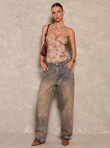 Glamine Vintage Floral Mesh Patchwork Underwire V-Neck Camisole For Women - Multicolor - View 3