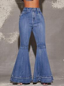 Vixey 层叠喇叭弹力牛仔裤，波西米亚风，波西米亚风女性，乡村音乐会，乡村 - 中等水洗藍 - 查看 2