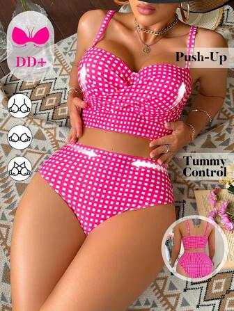 Swim DD+ Vintage Plaid Detachable Halter High Waist Bikini Set, For Summer Beach Vacation