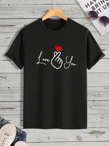 Manfinity Homme 男士情人节T恤，黑色短袖心形图案，情人节庆祝T恤情人节男士印花T恤 - 黑色 - 查看 1