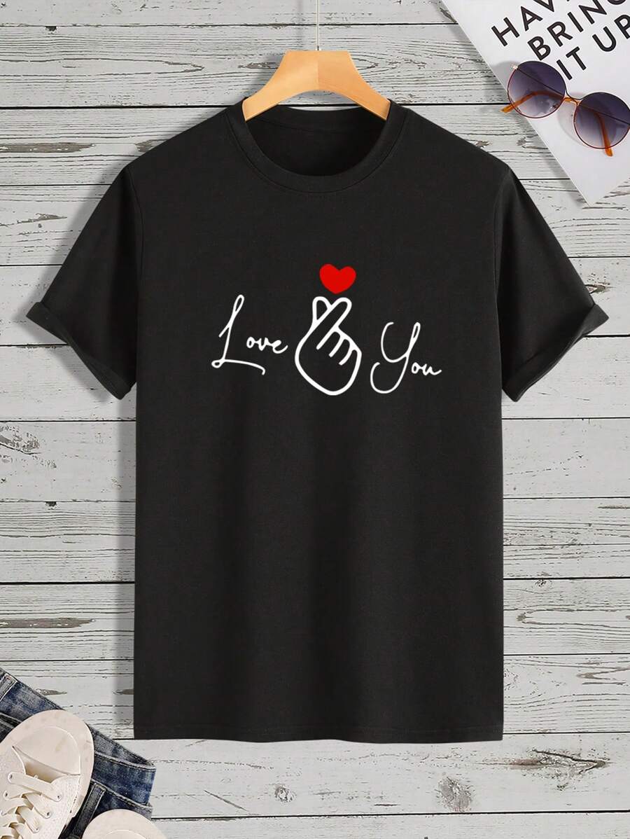 Manfinity Homme 男士情人节T恤，黑色短袖心形图案，情人节庆祝T恤情人节男士印花T恤 - 黑色 - 查看 1