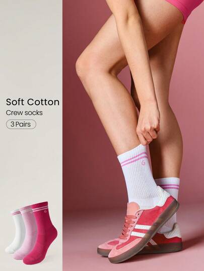 GLOWMODE 3 双棉质复古条纹袜子柔软透气网眼带提花标志健身日常休闲