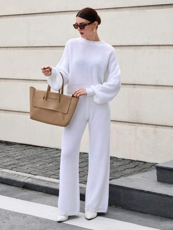 EURMUSE Conjunto de 2 piezas con suéter informal de manga globo oversize y pantalones anchos de punto llano