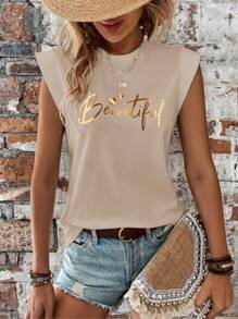 INAWLY Áo thun nữ tay ngắn in chữ và trái tim - Màu Khaki - Xem 4