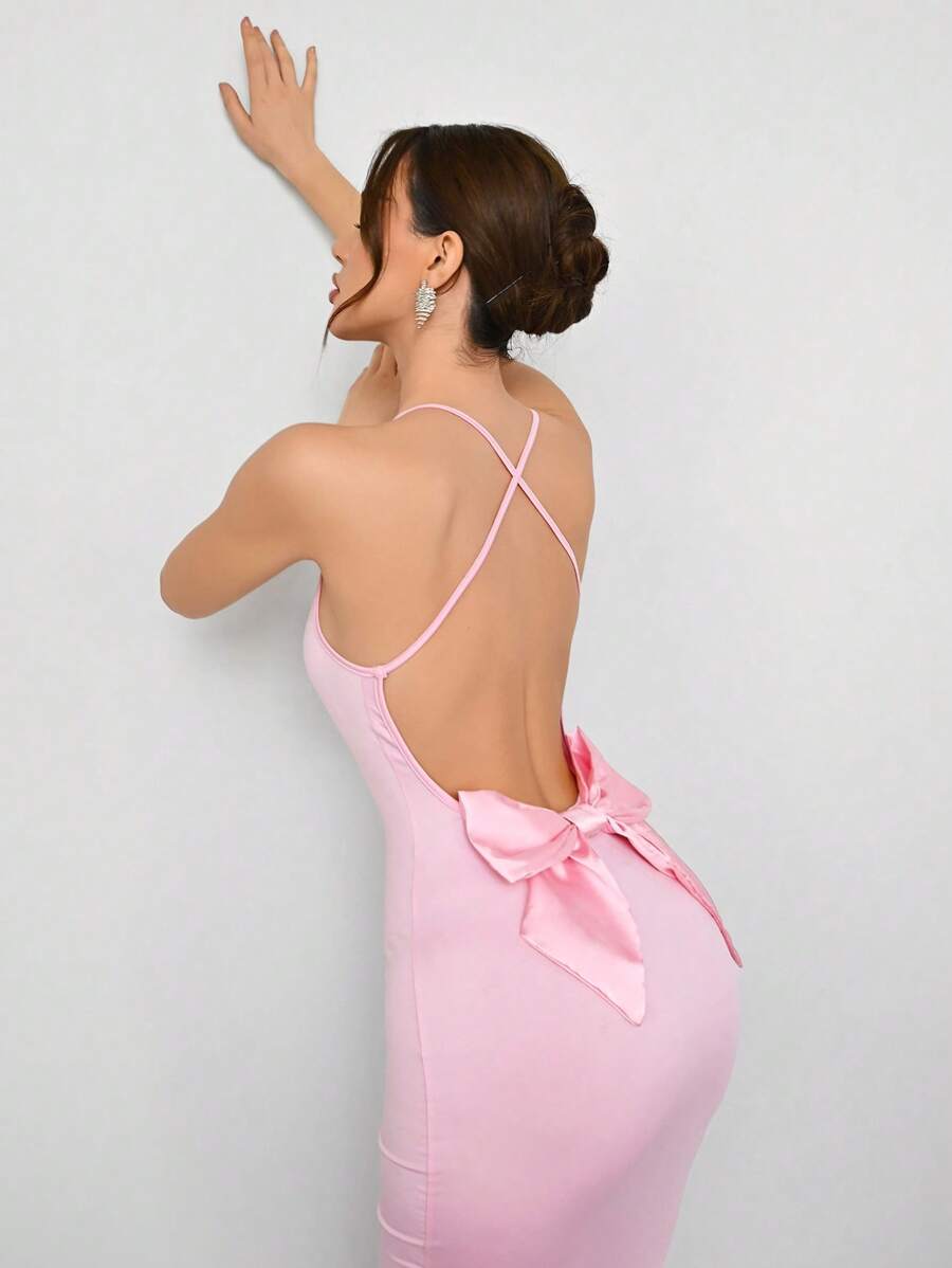 Aloruh Vestido largo de unicolor con lazo en la espalda y adorno, informal y elegante para uso diario, vestidos de primavera para mujeres, vestidos de graduación, bodas casuales, vestidos de vacaciones, vestidos de carnaval - Rosa - Ver 1