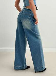 EURMUSE WOMEN WIDE LEG LOW WAIST JEANS BELT DETAIL - Light Wash - View 2