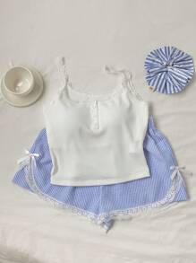 SHEIN Comfortcana 2pcs Women Summer Solid Color Lace Trim Cami & Striped Shorts Set - Blue - View 6