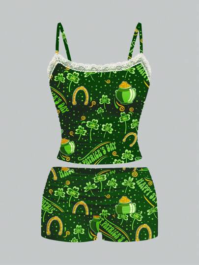 ORANGE STUDIO Artist 2pcs/Set Green St. Patrick's Day Graphic Summer Cami Top And Shorts Set, Holiday, Festival, Spring Outfits