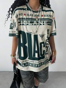 SHEIN Tween Girls Spring/Summer Round Neck Short Sleeve Letter Print Simple T-Shirt - Army Green - View 3