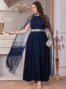 SHEIN Clasi Curved Plus Size Women's Blue Elegant Silver Sparkling Sequins Stitching Waist Tightening A-Line Slit Sleeve Dress, Women's Dark Blue Dress, Going Outfits, Women's Dress, Elegant Dress, Elegant Dress, Elegant Wedding Dresses, Women's Spring Summer Dresses, Holiday Outfits - Navy Blue - View 7