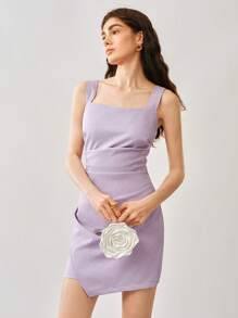 Uhlyne Vestido elegante de mujer con chaleco de lino tejido con volantes y cierre asimétrico - Púrpura polvoriento - Ver 8