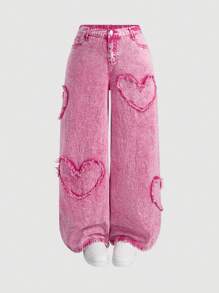 Quần jean ống đứng cotton thường ngày họa tiết trái tim cỡ lớn màu hồng - Hồng - Xem 1