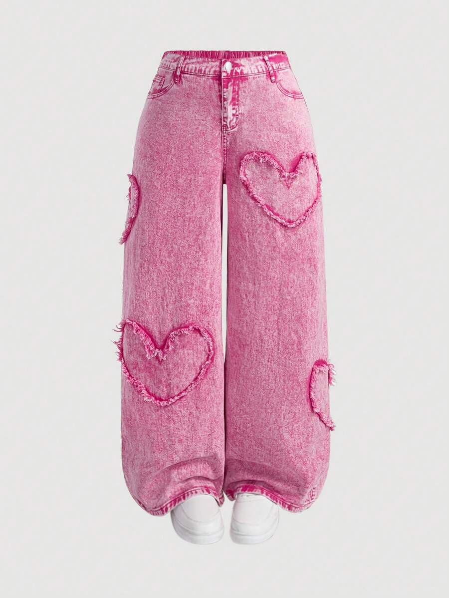 Quần jean ống đứng cotton thường ngày họa tiết trái tim cỡ lớn màu hồng - Hồng - Xem 1