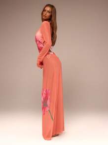 MUSERA Mesh Floral Printed Backless Maxi Dress Vacation Summer Sheer Flower Ibiza Outfit, Holiday, Club Outfit Long Dress - Orange - View 3