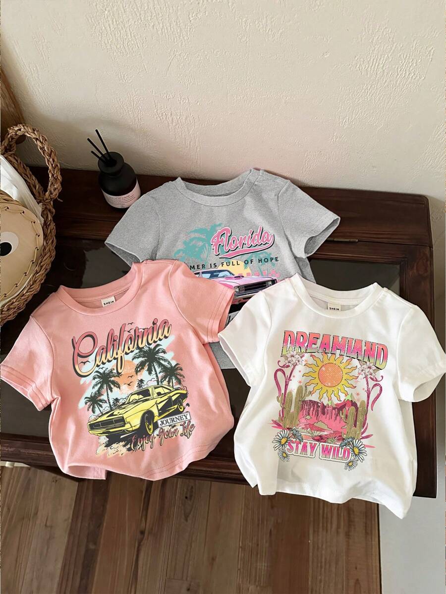 SHEIN Leap Crew Top de manga corta y cuello redondo casual y minimalista para niña, adecuado para el verano