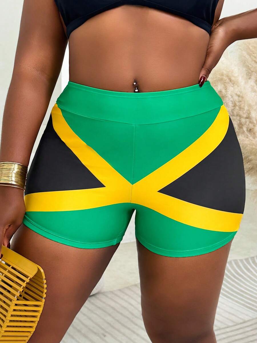 SHEIN Swim Vcay Jamaican Carnival Style Colorblock Plus Size Swimwear Bikini Bottom, Summer Beach Vacation - Multicolor - View 1