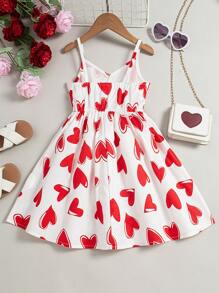 Girls' Sleeveless Heart Print Strap Dress, For Summer - Multicolor - View 2