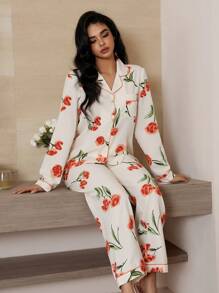 LuxeNights Conjunto de Pijama com Top de Manga Longa com Gola Esporte e Calça, Estampa Floral com Textura de Bolha, Roupas de Outono e Inverno - Multicolorido - Visão 6