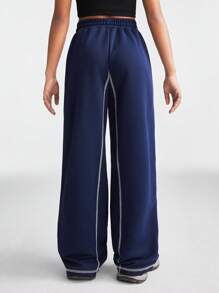 SHEIN Tween Girls Spring/Summer Sportswear Game Day Contrast Piping Graphics Wide Leg Sweatpants - Navy Blue - View 2