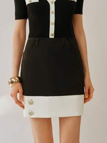 Elenzga Women's Woven Black & White Contrast Metal Button Elegant Office Skirt - Black and White - View 2