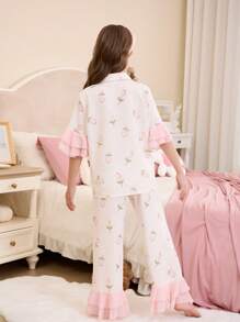 SHEIN Leap Crew 少女韩版郁金香花朵图案翻领荷叶边短袖上衣和宽松舒适裤子 2 件套睡衣套装 - 淺粉色 - 查看 2